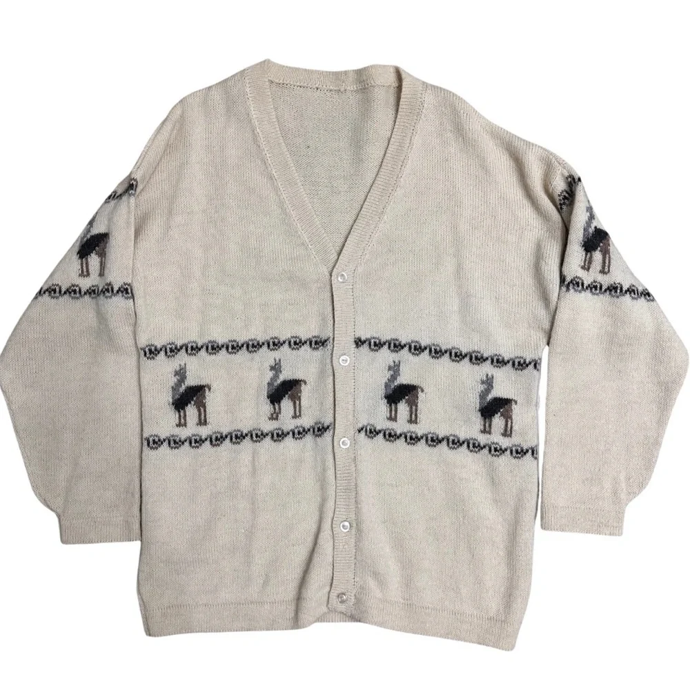 Vintage Men’s Crème Cardigan With Llama Design SZ Large Grandpacore Winter Wear